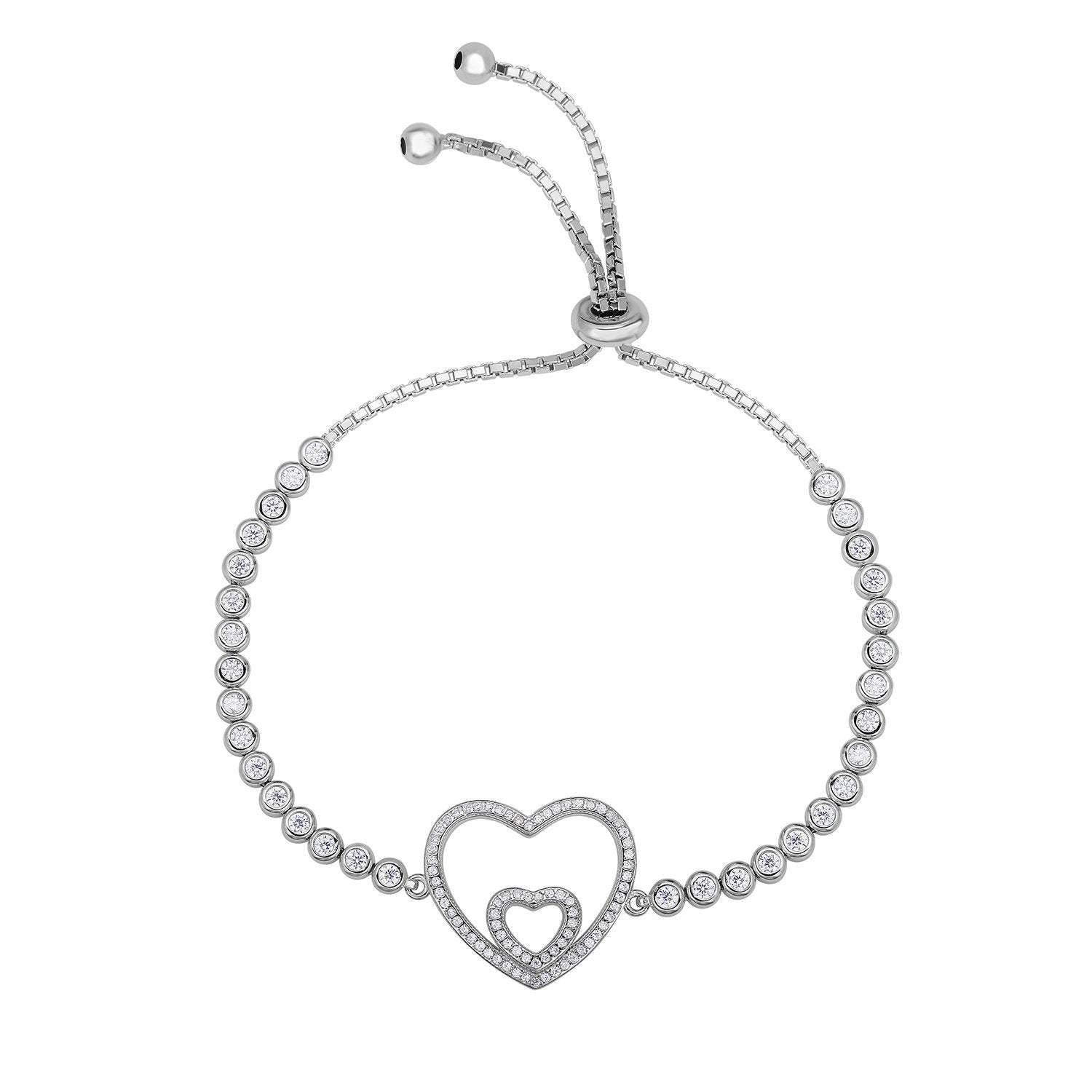 CZ Double Heart Adjustable Bracelet in