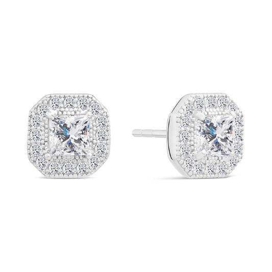 Sterling Silver Cushion Cut Halo Stud Earrings