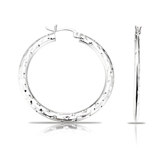 Round Hoop Earrings with Diamond cut in 925 Sterling Silver, 2mm thick