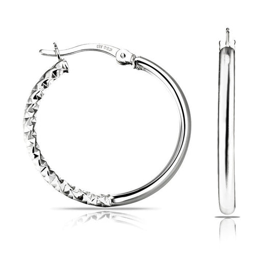 Round Hoop Earrings with Half Diamond Cut in 925 Sterling Silver