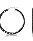Black Hoop Earrings, Inside Out Hand Engraved Design, 1.65 inch in Sterling Silver