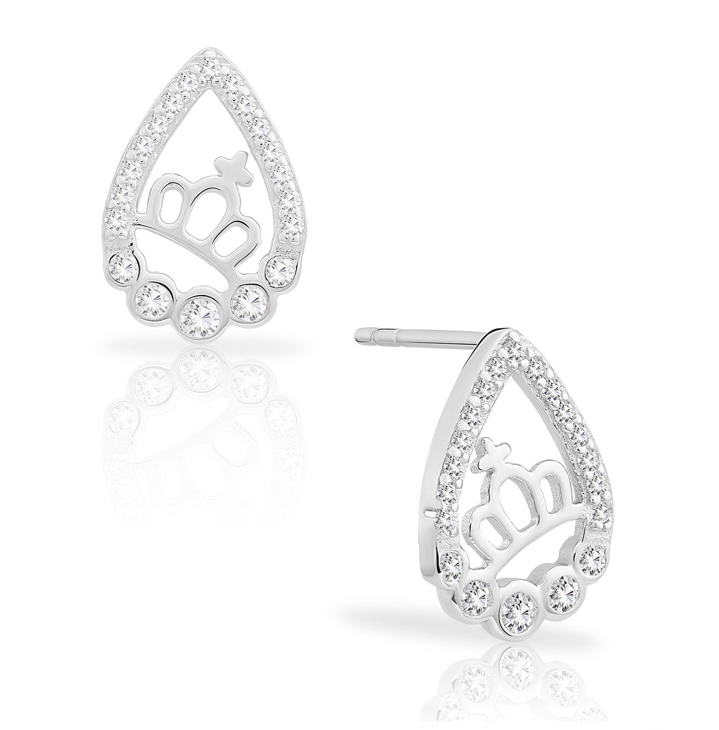Sterling Silver Princess Crown Stud Earrings, Teardrop