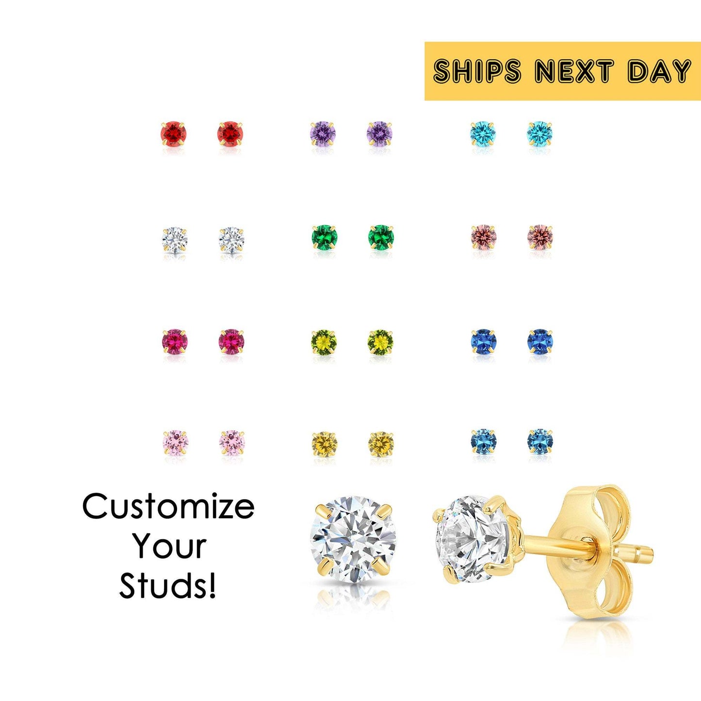 14k Yellow Gold Birthstone Solitaire Stud Earrings, 3mm