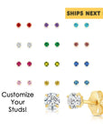 14k Yellow Gold Birthstone Solitaire Stud Earrings, 3mm, Available in 12 Colors
