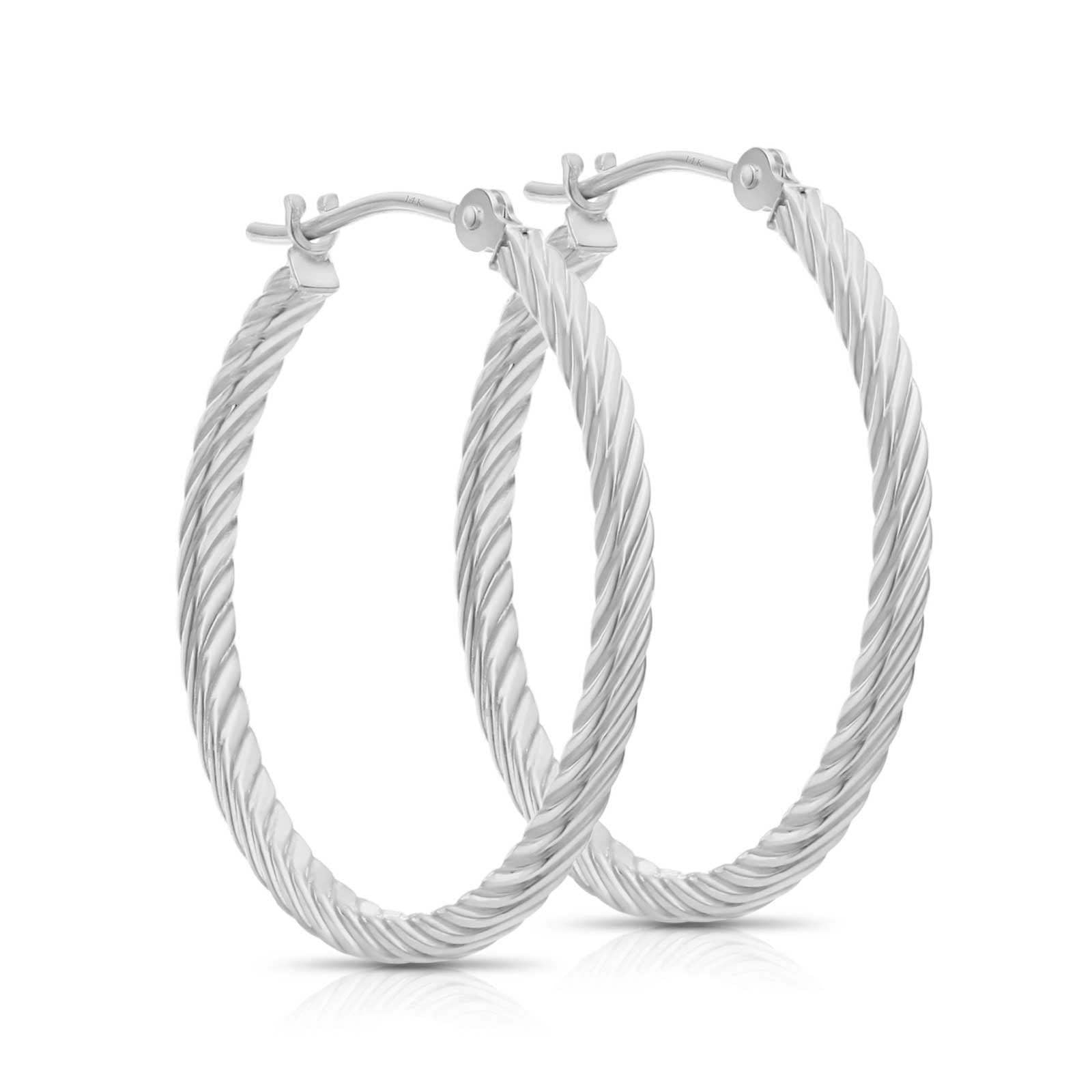 14k White Gold Hoop Earrings with Twist Textured Square Tube