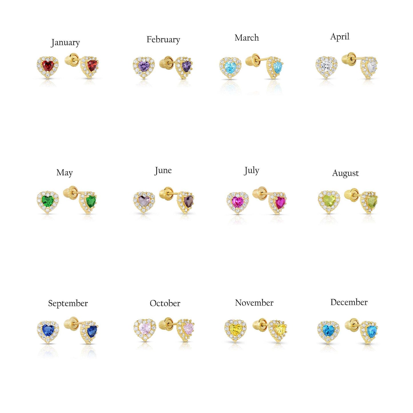 14k Yellow Gold Birthstone Halo Heart Stud Earrings