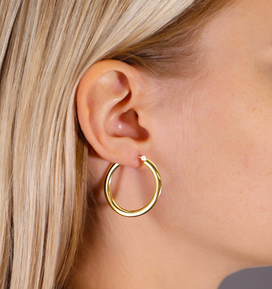 14K Yellow Gold Plain Flat Hoop Earrings