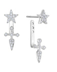 CZ Ear Jacket Double Star & Cross Stud Earrings in Sterling Silver