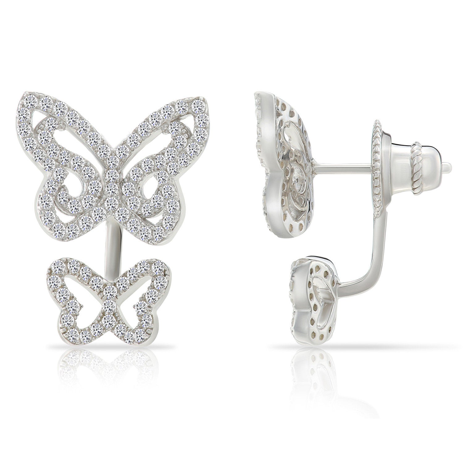 CZ Ear Jacket Double Butterfly Stud Earrings in Sterling Silver
