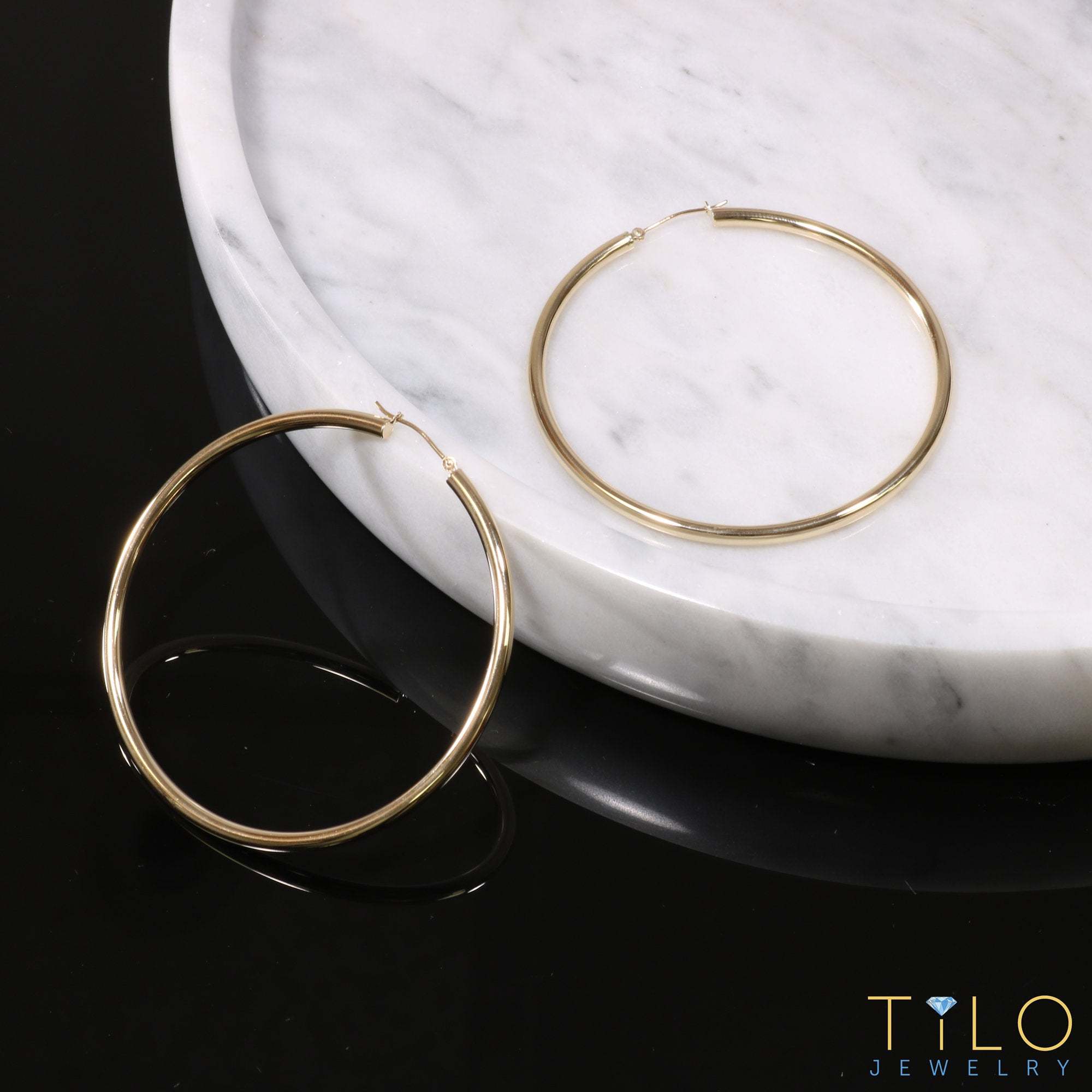 14k Yellow Gold Chunky Hoop Earrings, 3mm Thickness 