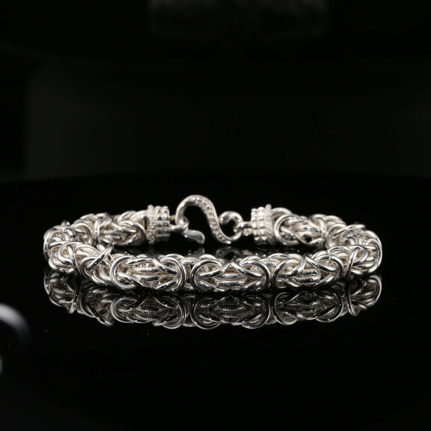 Sterling Silver Handmade Byzantine Bracelet with Unique Hook Clasp, 9", Unisex