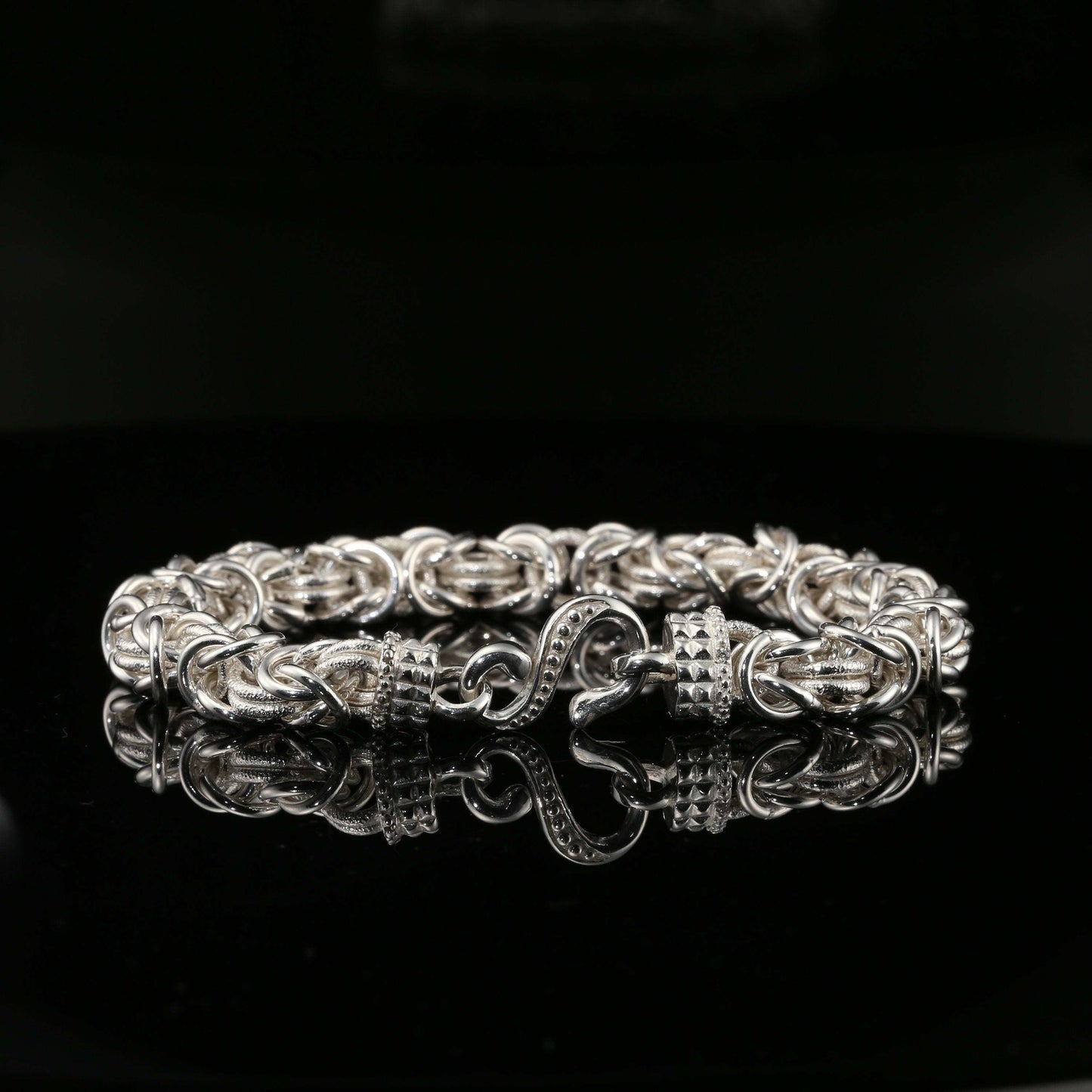 Sterling Silver Handmade Byzantine Bracelet with Unique Hook Clasp, 9", Unisex