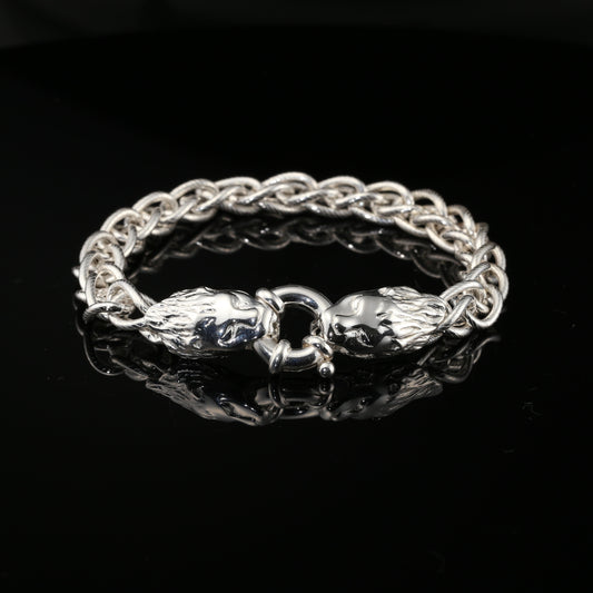 Sterling Silver Byzantine Chain Bracelet, Lion Heads Lock, 8.5&quot;, Unisex