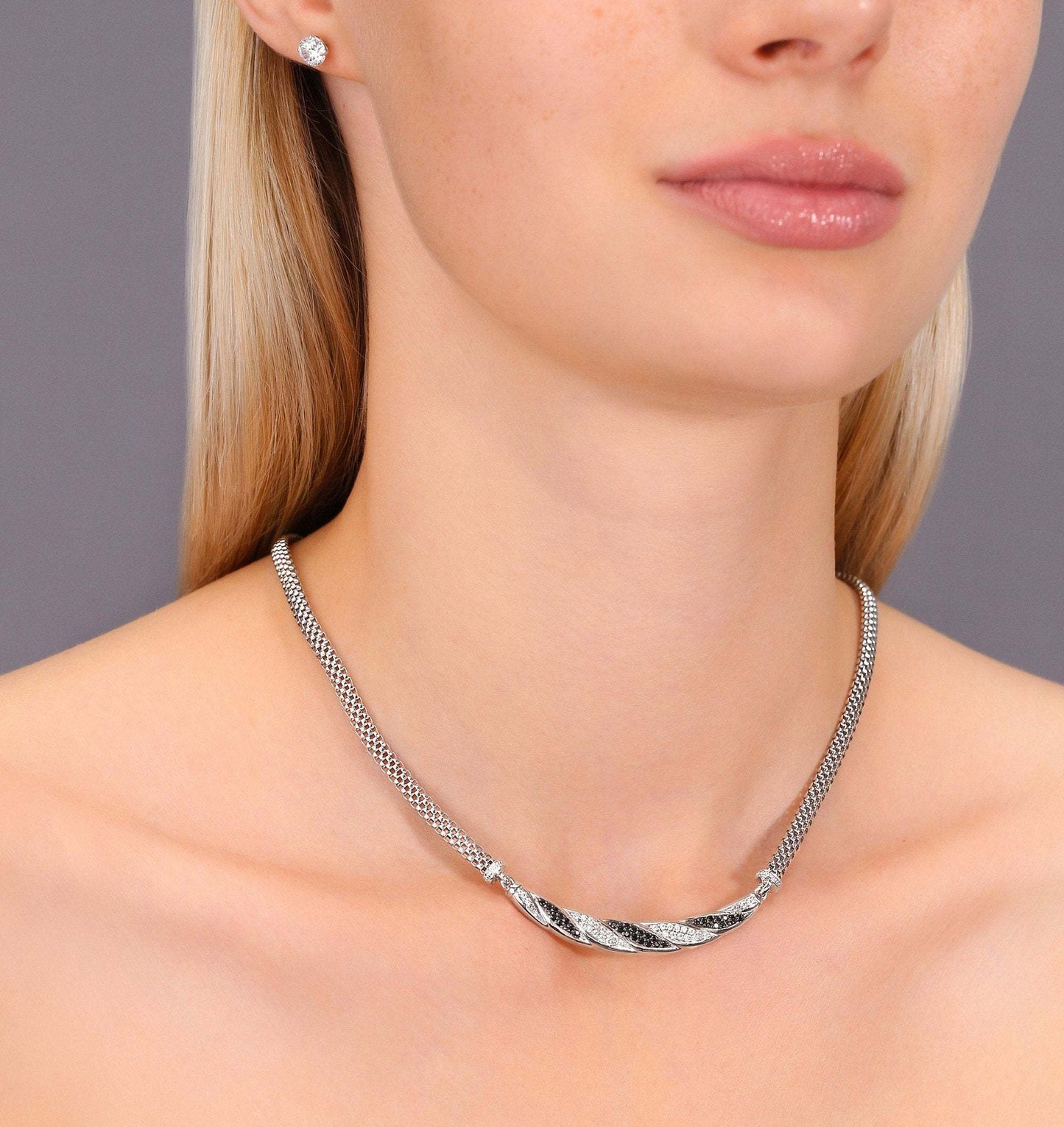 Spiral Black and White Necklace in Sterling Silver, Handmade Fine Italian Style Jewelry