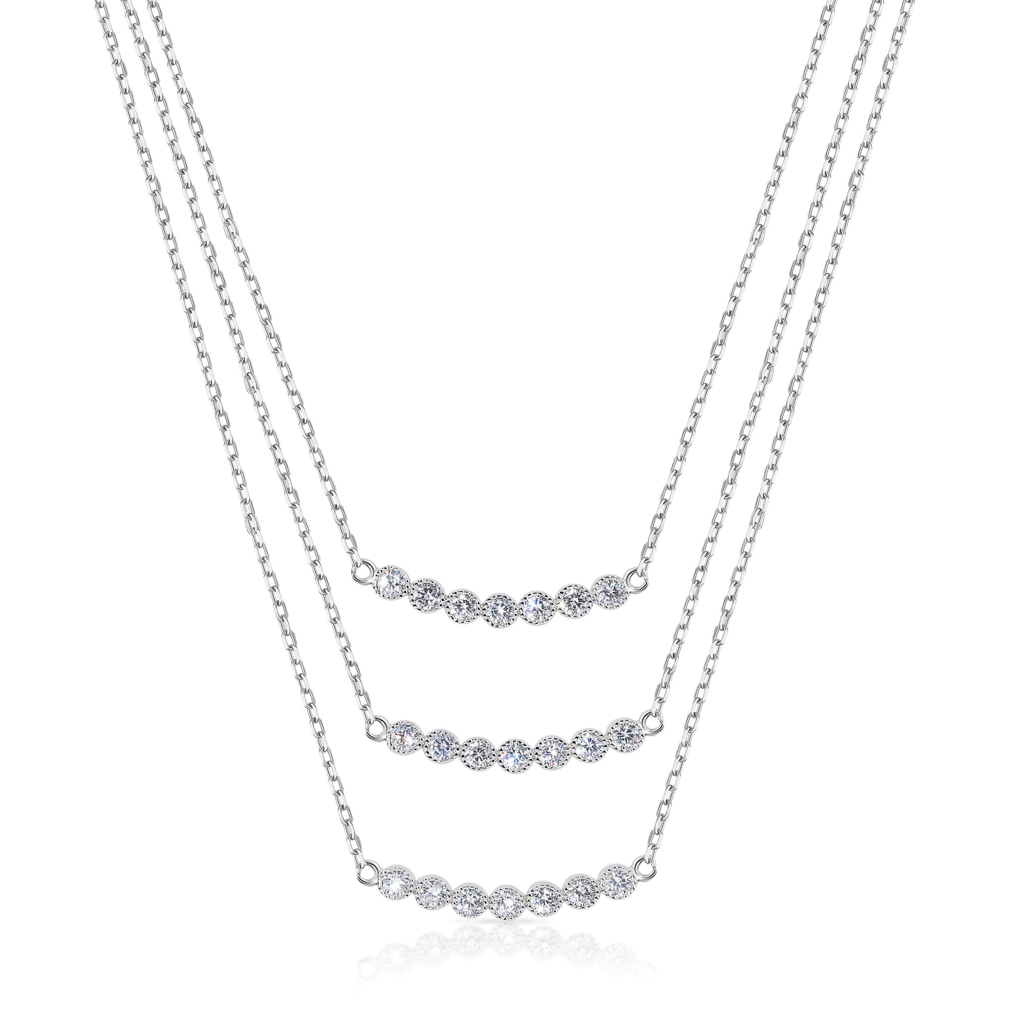 CZ Three Layer Floating Necklace in , Handmade with Adjustable Length in Sterling Silver