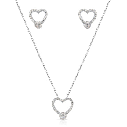 Gravity Halo Heart Necklace and Gravity Halo Heart Pushback Studs Set in Sterling Silver, Handmade with Adjustable Length
