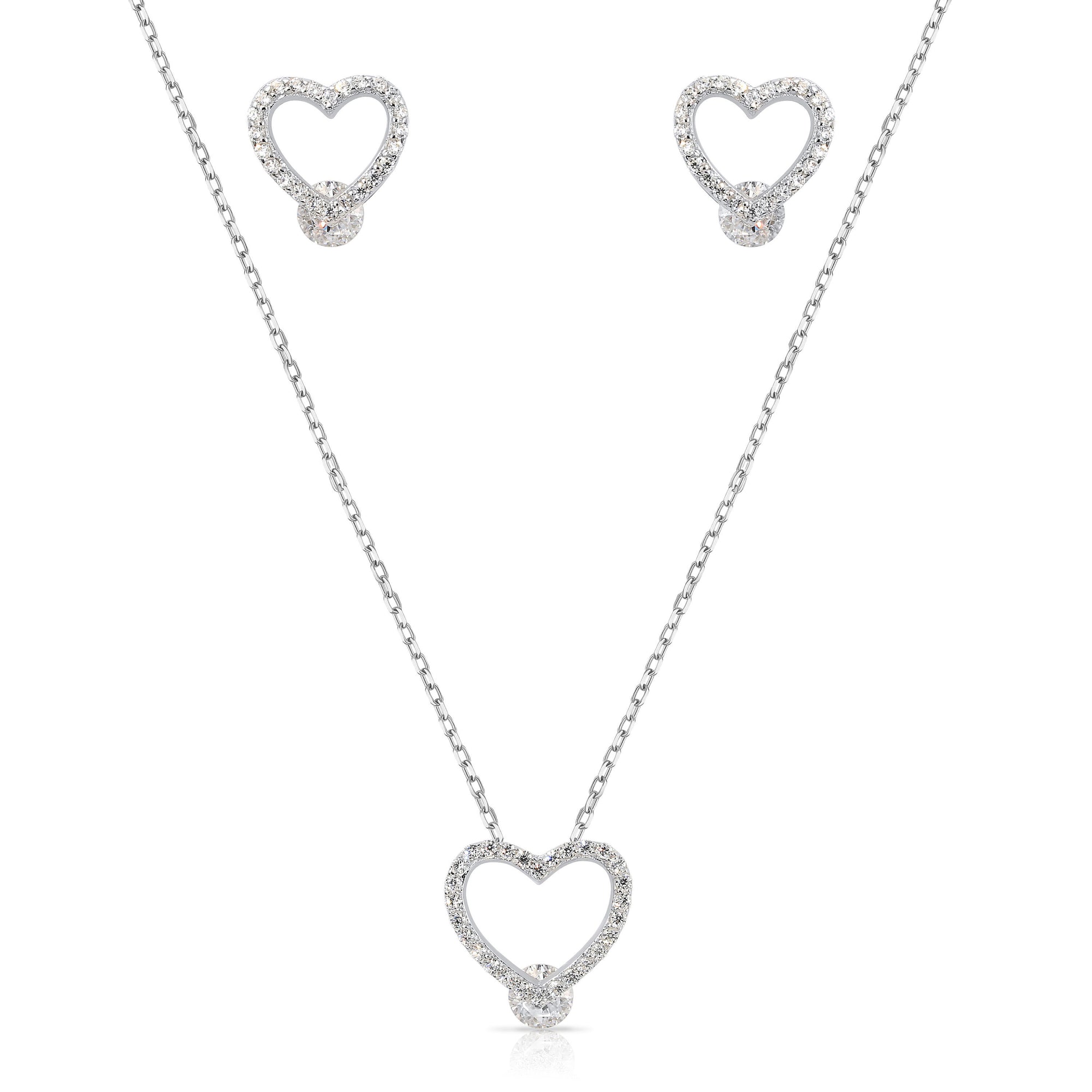 CZ Gravity Halo Heart Charm Necklace and Gravity Halo Heart Pushback Studs Set in Sterling Silver