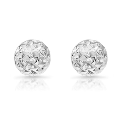 14K White Gold Sparkle Ball Stud Earrings, Hand Engraved Diamond Cuts