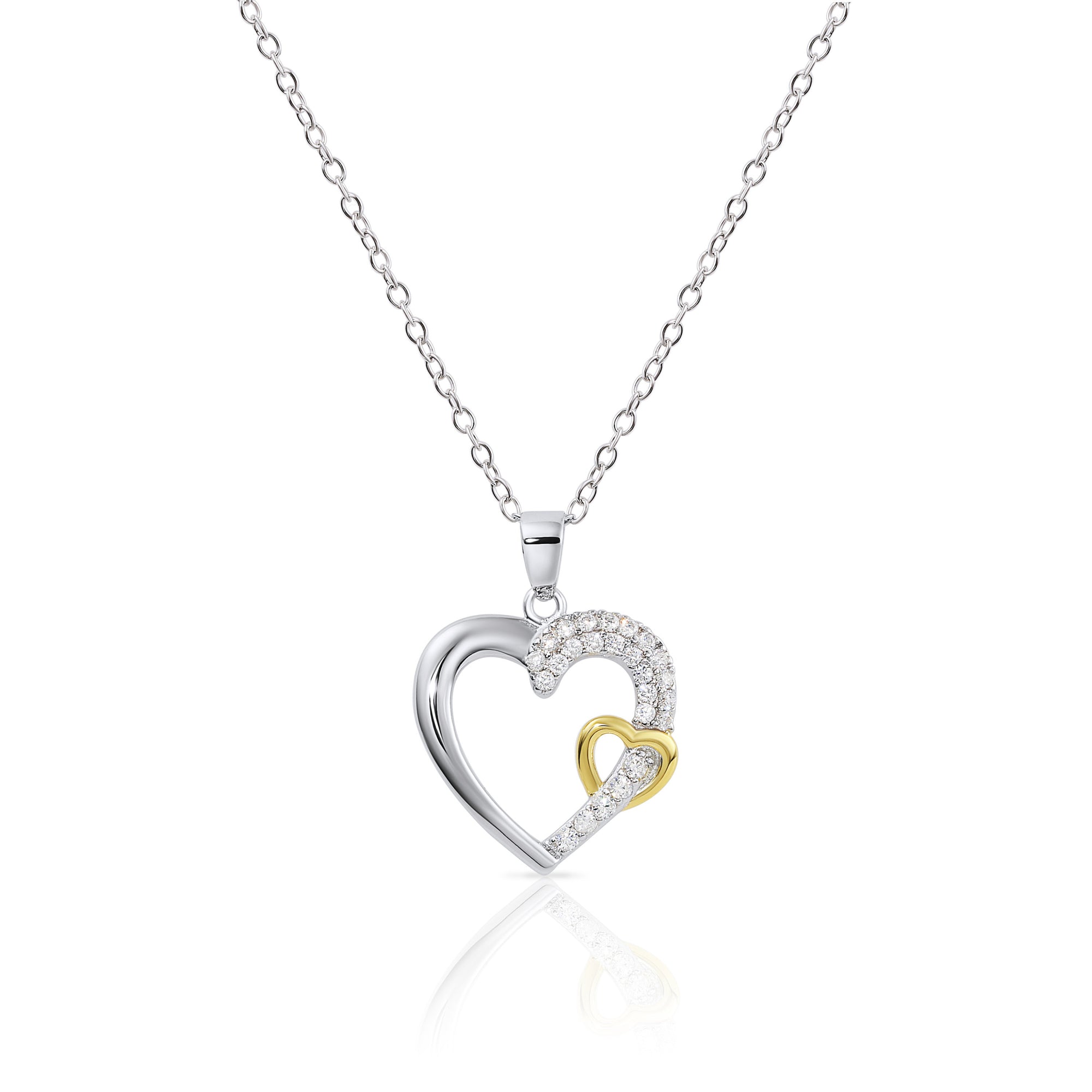CZ Heart Charm Necklace, Gold-tone, Adjustable in Sterling Silver
