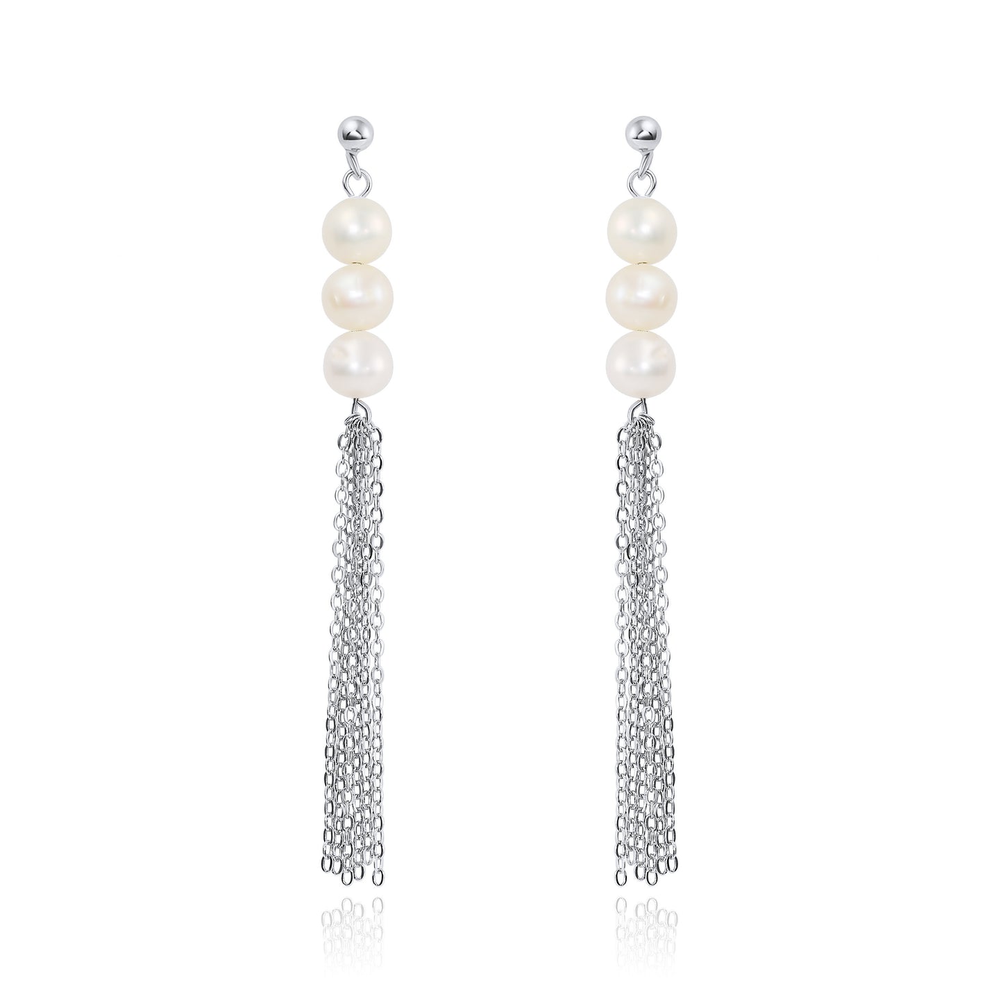 Dangle Tassel Earrings in Sterling Silver and White Freshwater Cultured Pearls