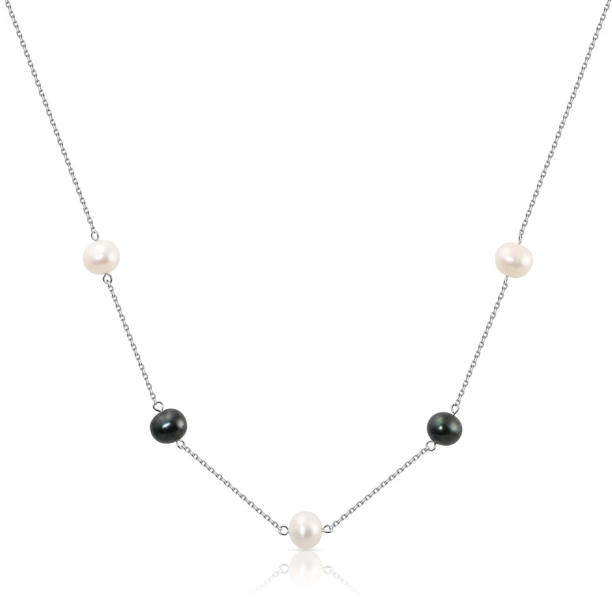 Pearl Station Necklace, Black and White Freshwater Cultured Pearls in Sterling Silver