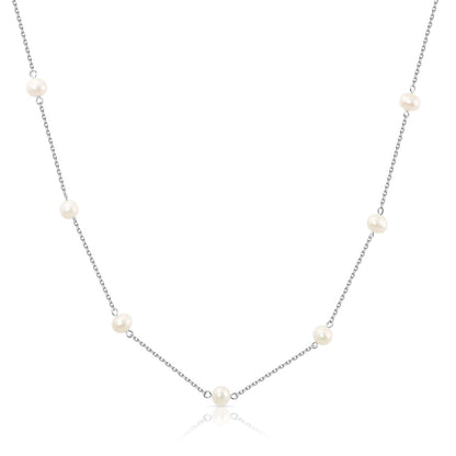 Sterling Silver Pearl Station Necklace, Freshwater Cultured Pearl, 3 Lengths