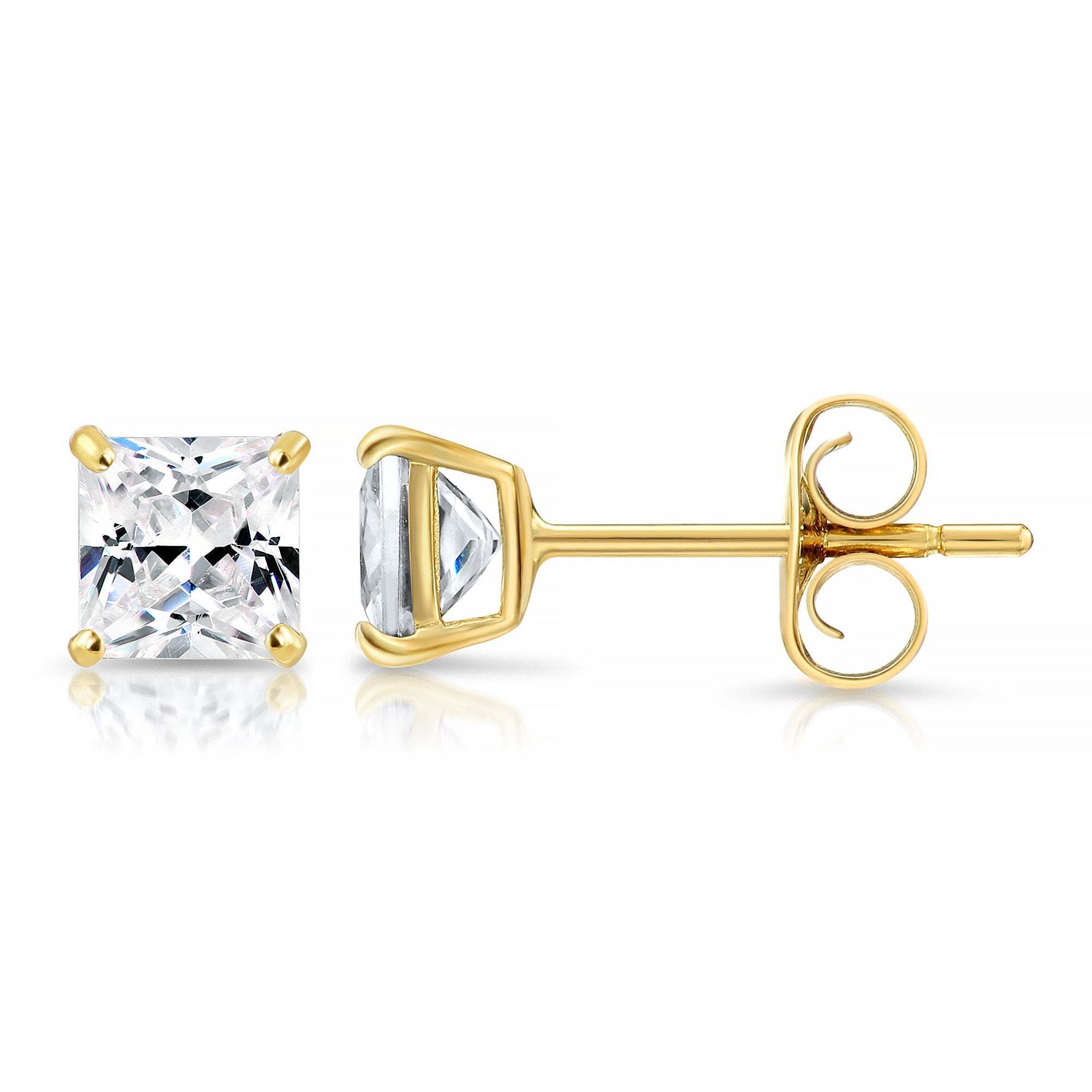 Bundle SET OF 3! 14K Solid Gold Earrings, Square CZ Studs Sizes 3mm, 4mm, 5mm, With Pushbacks