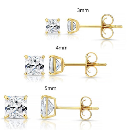 SET OF 3! 14K Solid Gold Earrings, Square Studs with Cubic Zirconia Stones and 14K Solid Gold Butterfly Push-backings