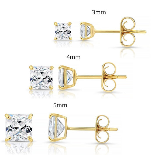SET OF 3! 14K Solid Gold Earrings, Square Studs with Cubic Zirconia Stones and 14K Solid Gold Butterfly Push-backings