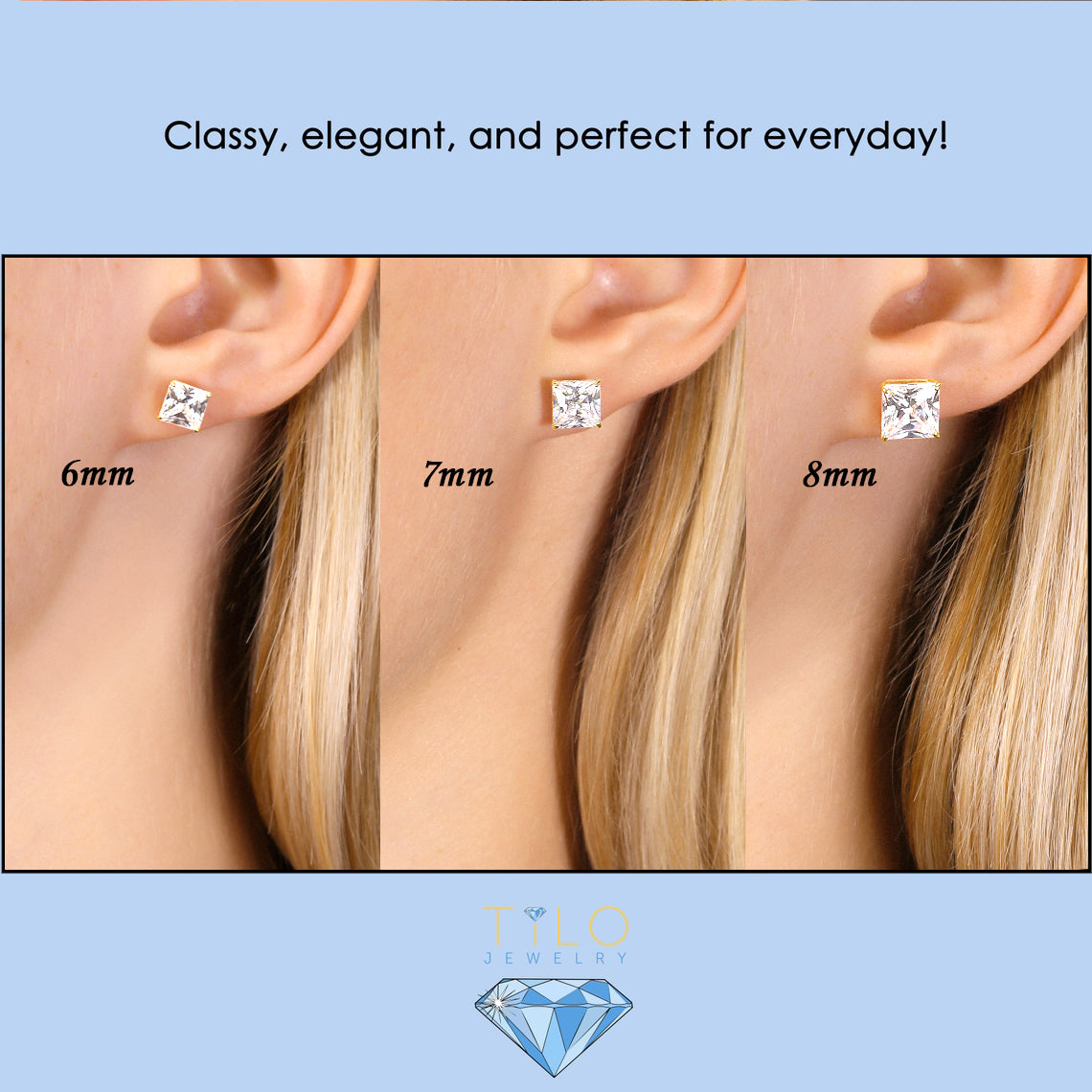 14k Yellow Gold Square CZ Stud Earrings with Butterfly Pushbacks, Unisex