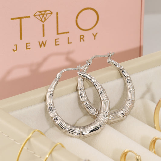 Bamboo Texture Round Hoop Earrings in 925 Sterling Silver