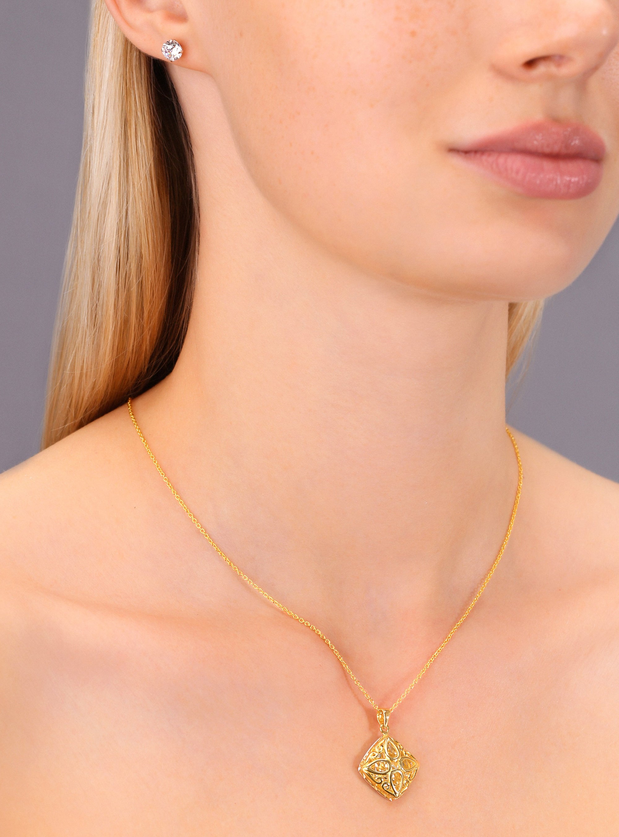 Diamond Charm Necklace, Yellow Gold Plated in Sterling Silver