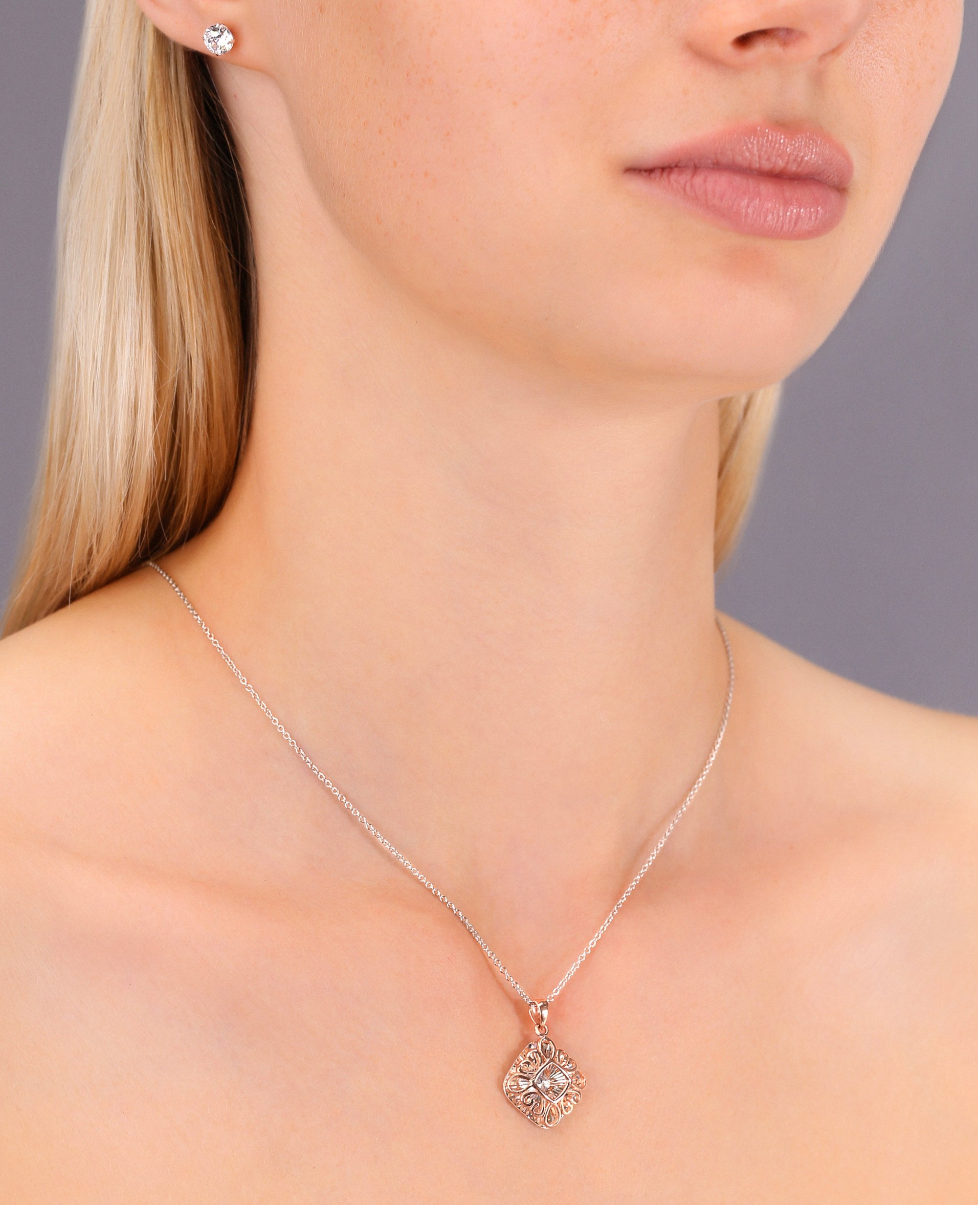 Diamond Charm Necklace, Rose Gold Plated in Sterling Silver