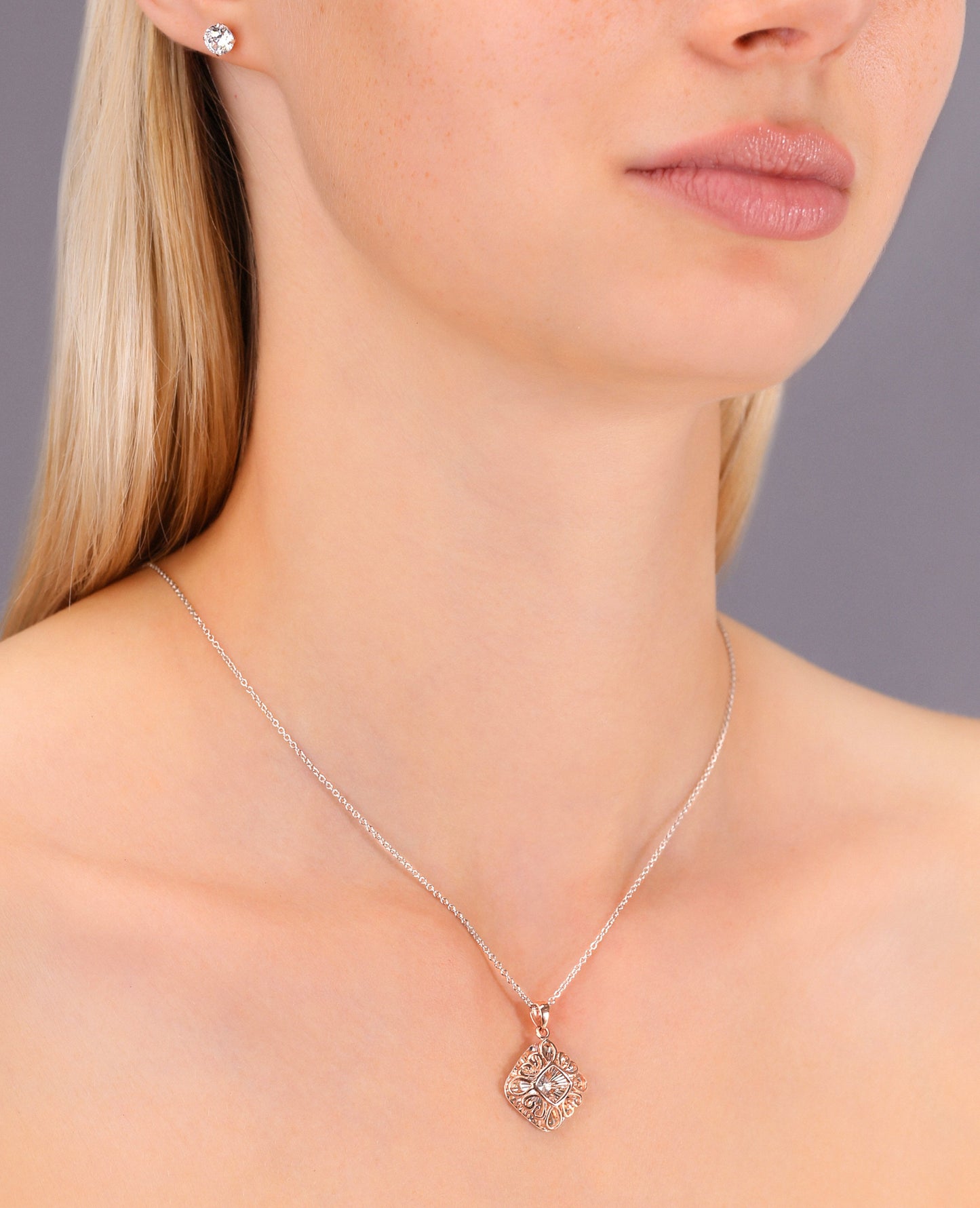 Sterling Silver Diamond Charm Necklace, Rose Gold Plated