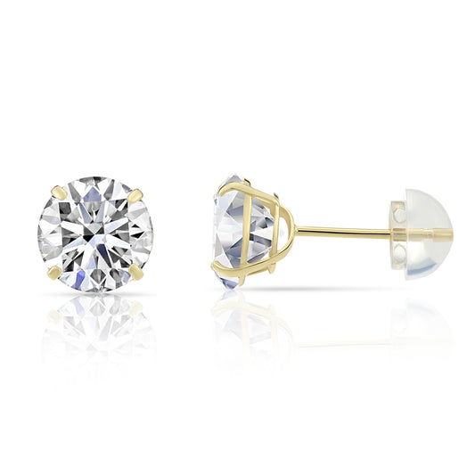 14k Yellow Gold and Cubic Zirconia Stud Earrings, Silicone Pushback