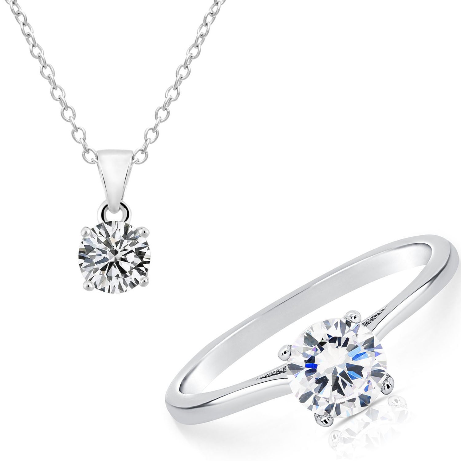 CZ Solitaire Charm Necklace and Ring Set in Sterling Silver