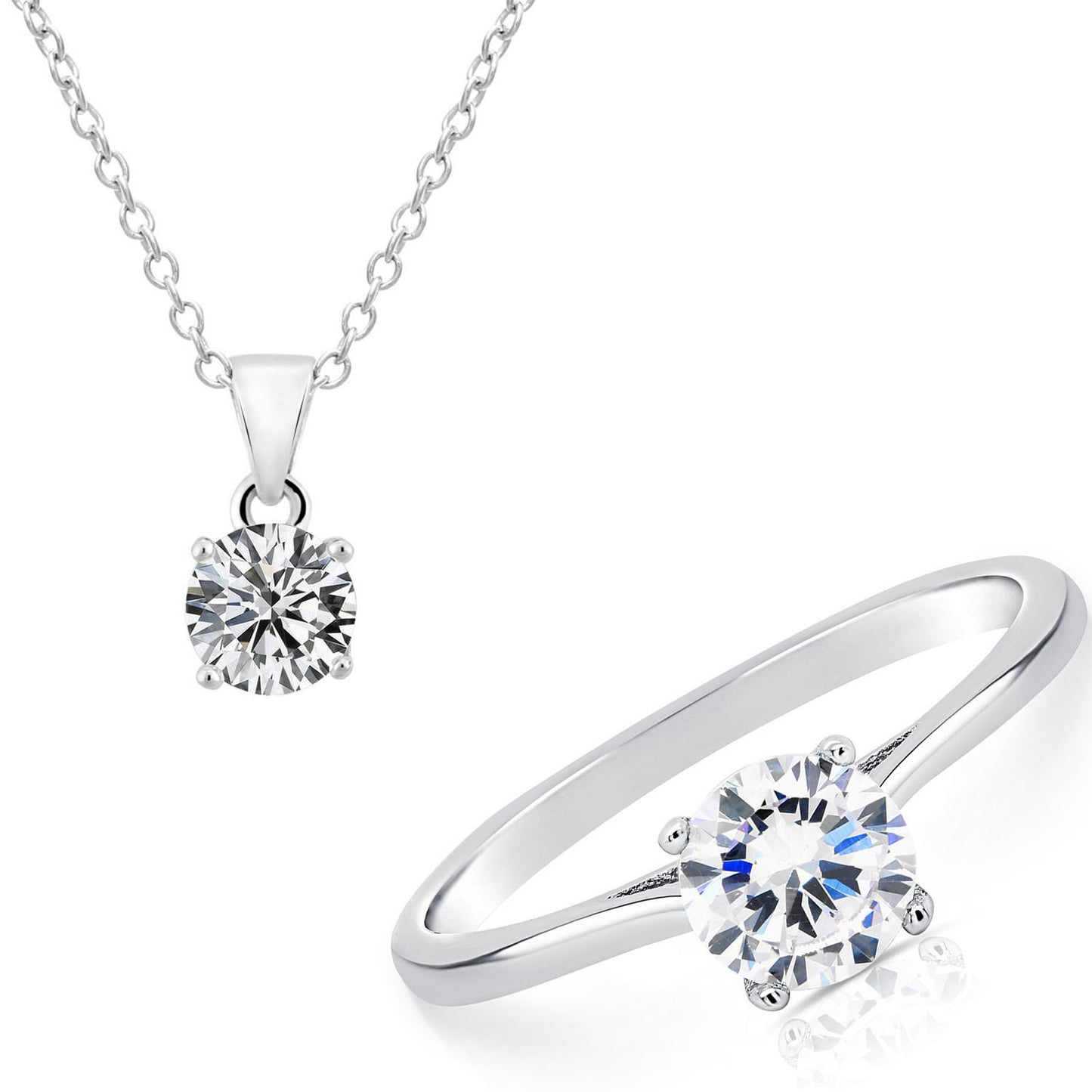 Sterling Silver Solitaire Charm Necklace and Ring Set