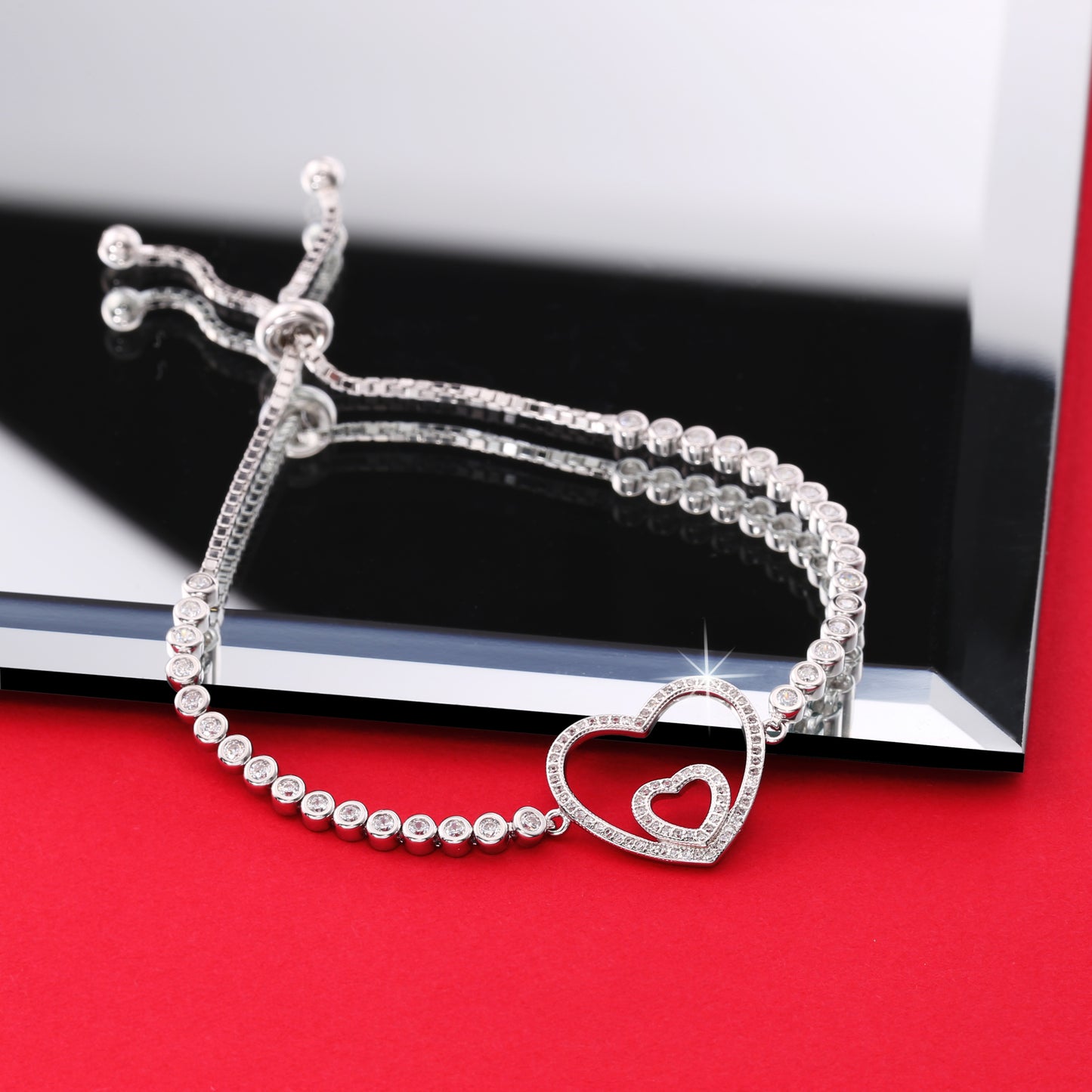 Double Heart Adjustable Bracelet in 925 Sterling Silver