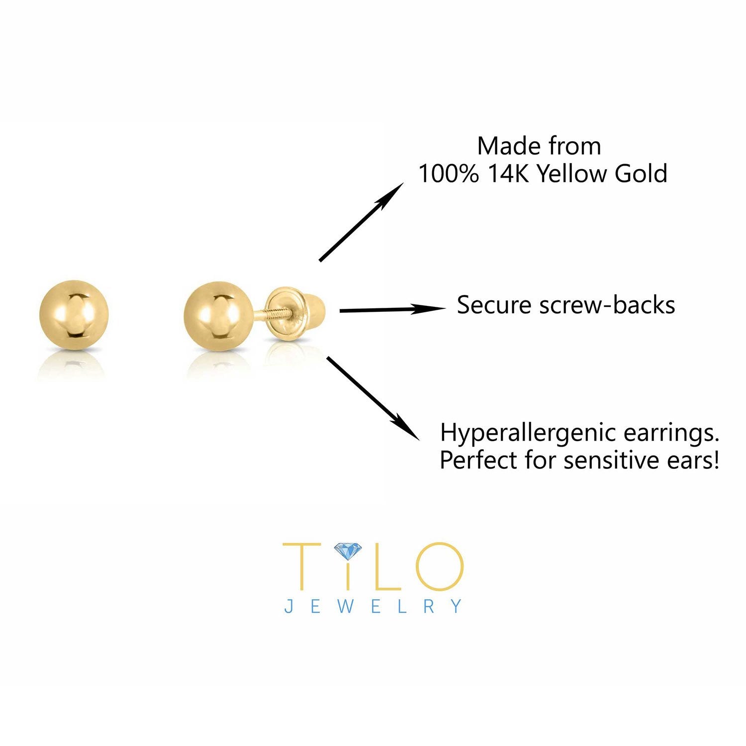 Bundle Set of 3! 14K Gold Classic Solitaire Stud Earrings, Screw-Back 3mm 4mm 5mm / 14K Yellow Gold