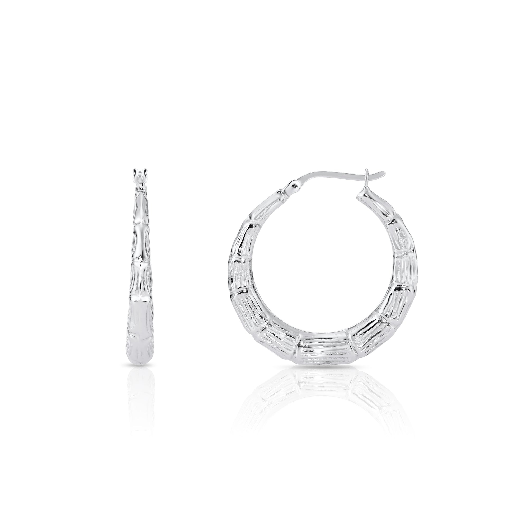 Bamboo Texture Round Hoop Earrings in Sterling Silver