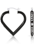 Fancy Glossy Black Diamond-cut Heart Hoop Earrings in Sterling Silver