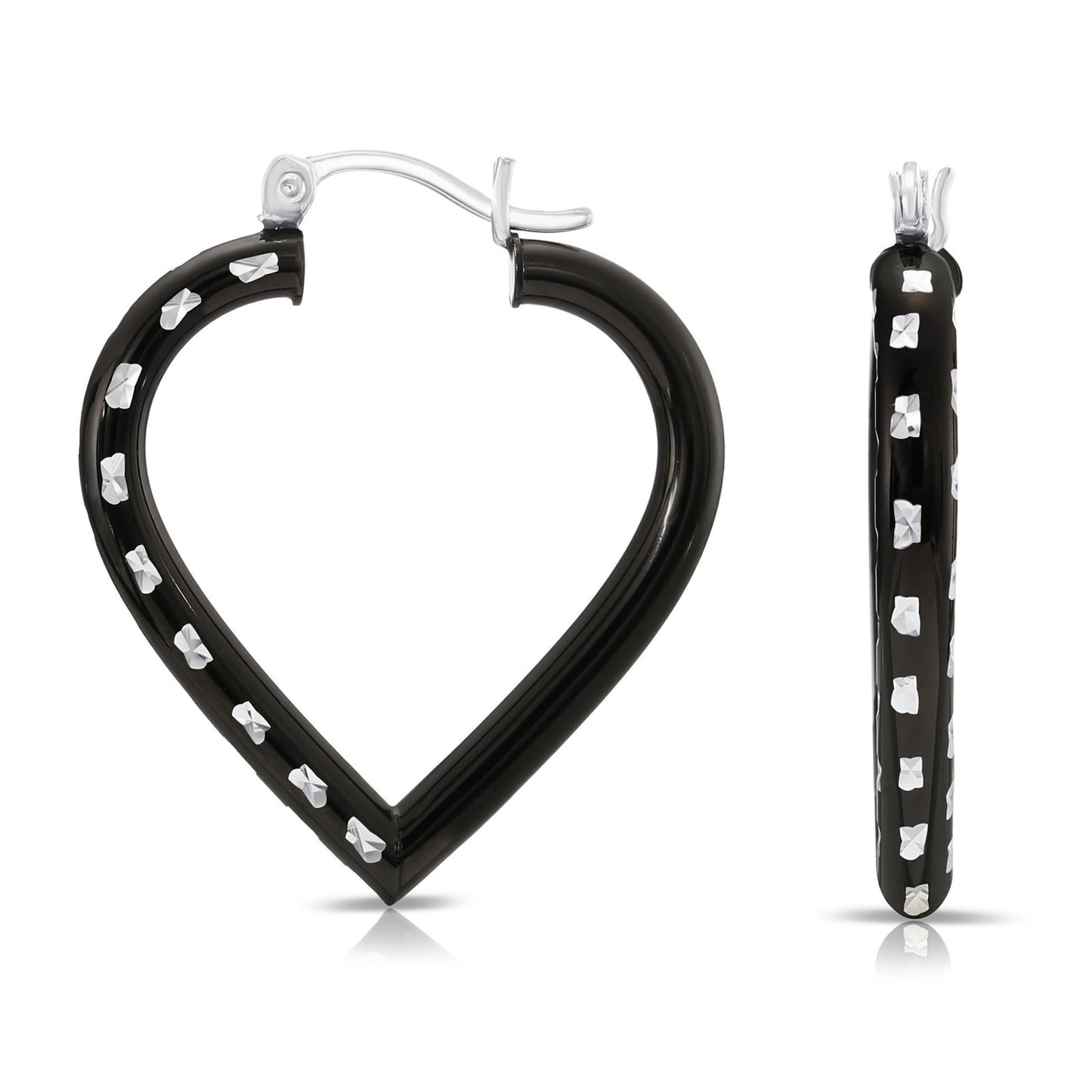 Sterling Silver Fancy Glossy Black Diamond-cut Heart Hoop Earrings