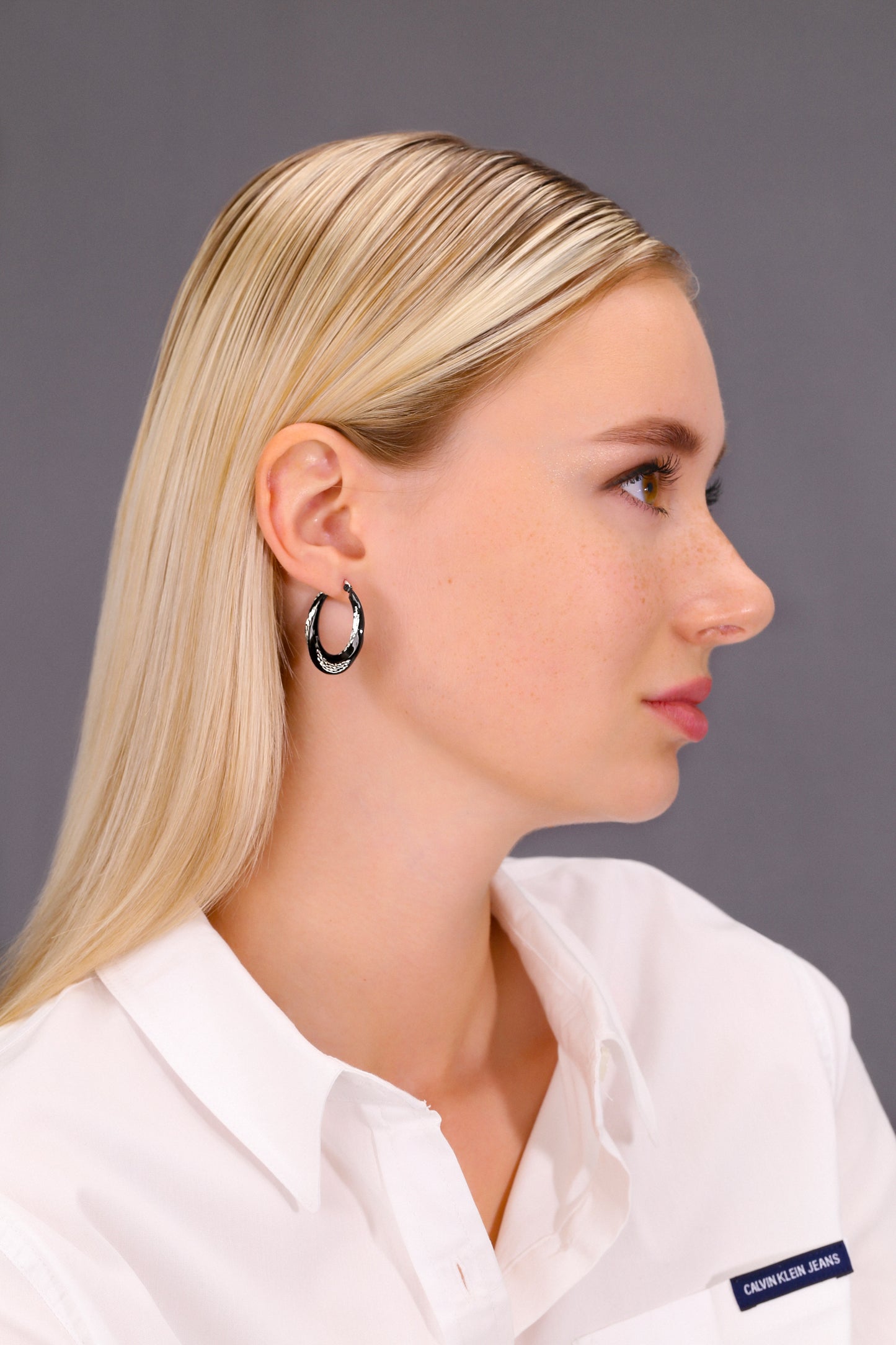 Sterling Silver Glossy Black Spiral Diamond Cut Hoop Earrings
