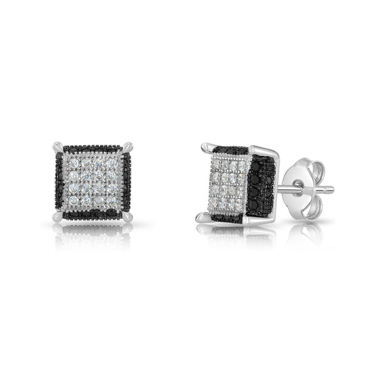Sterling Silver Black and White Square Push-back Stud Earrings, Unisex