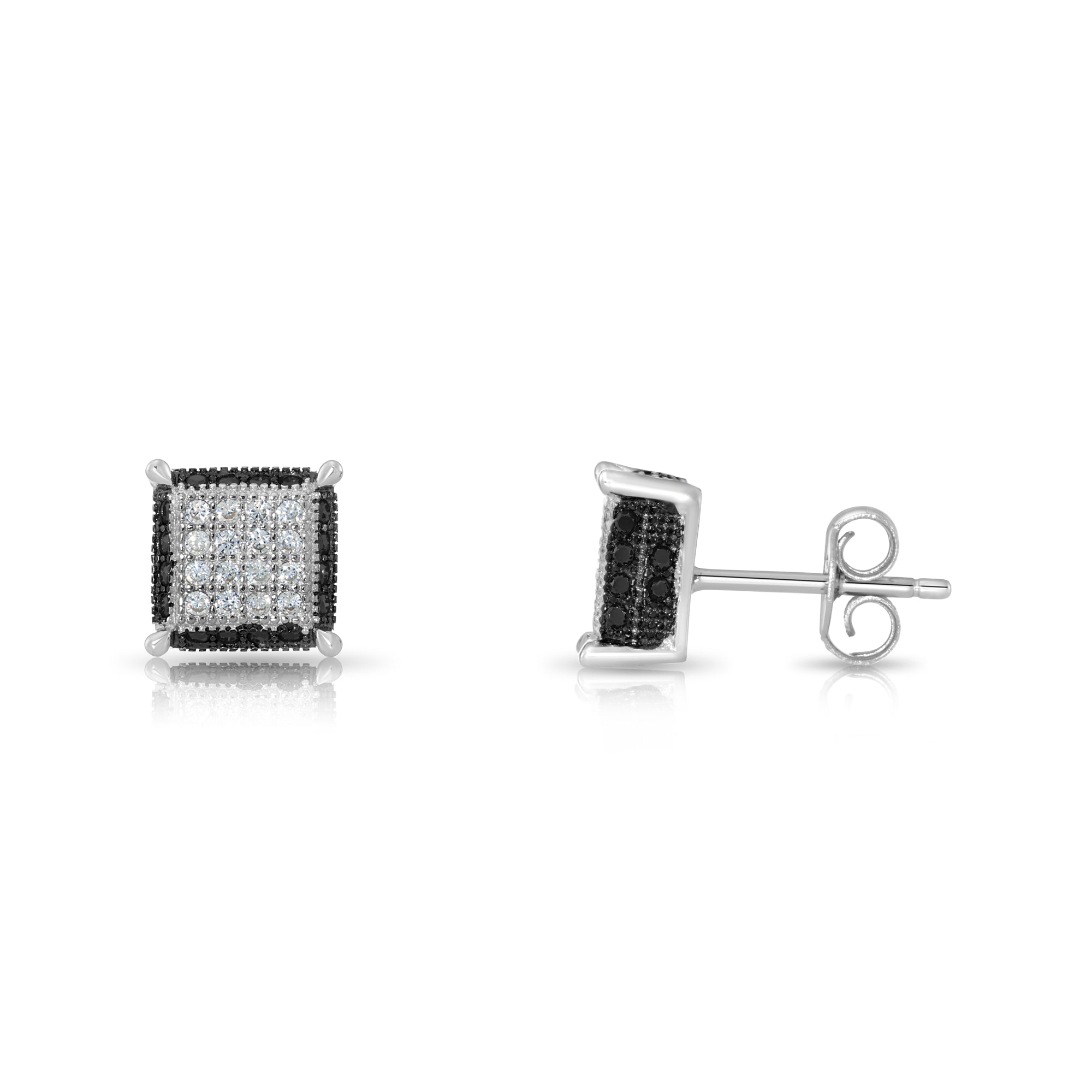 CZ Black and White Square Push-back Stud Earrings, Unisex in
