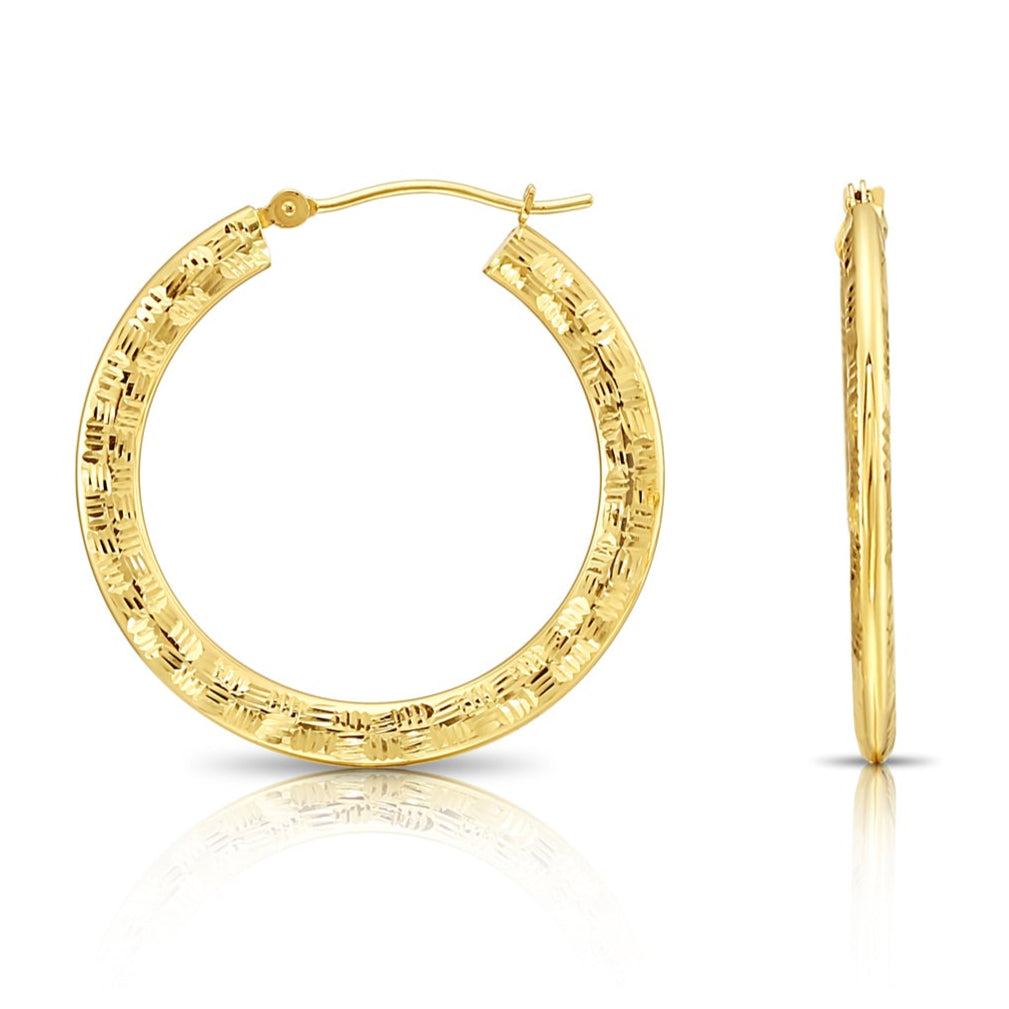 14k Yellow Gold Checkered Diamond Cut Flat Hoop Earrings