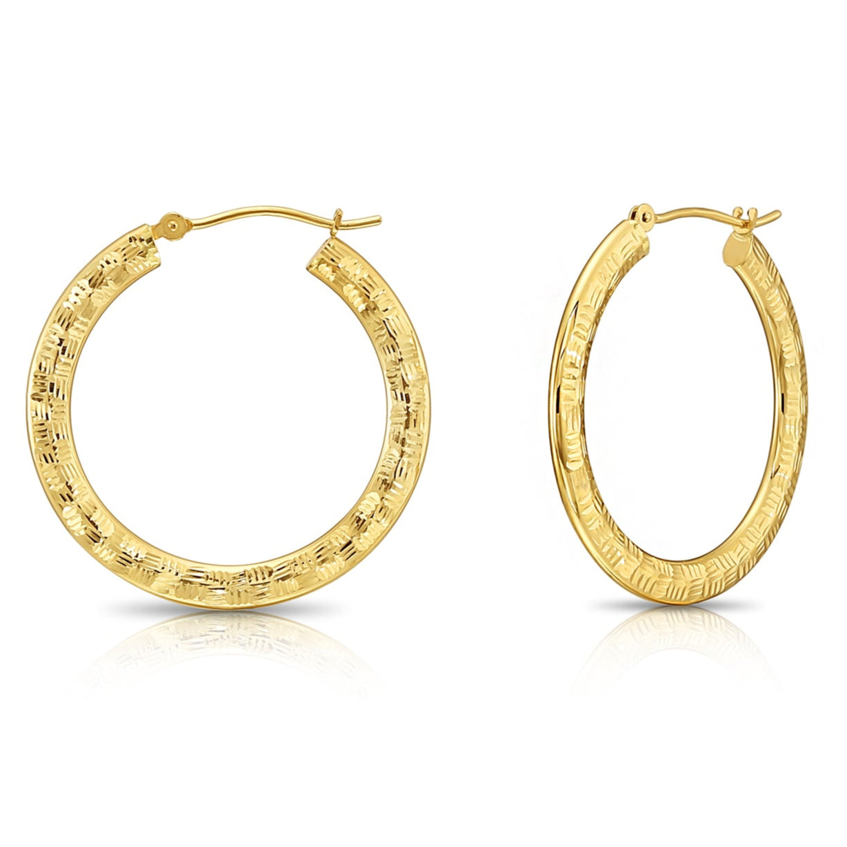14k Yellow Gold Checkered Diamond Cut Flat Hoop Earrings