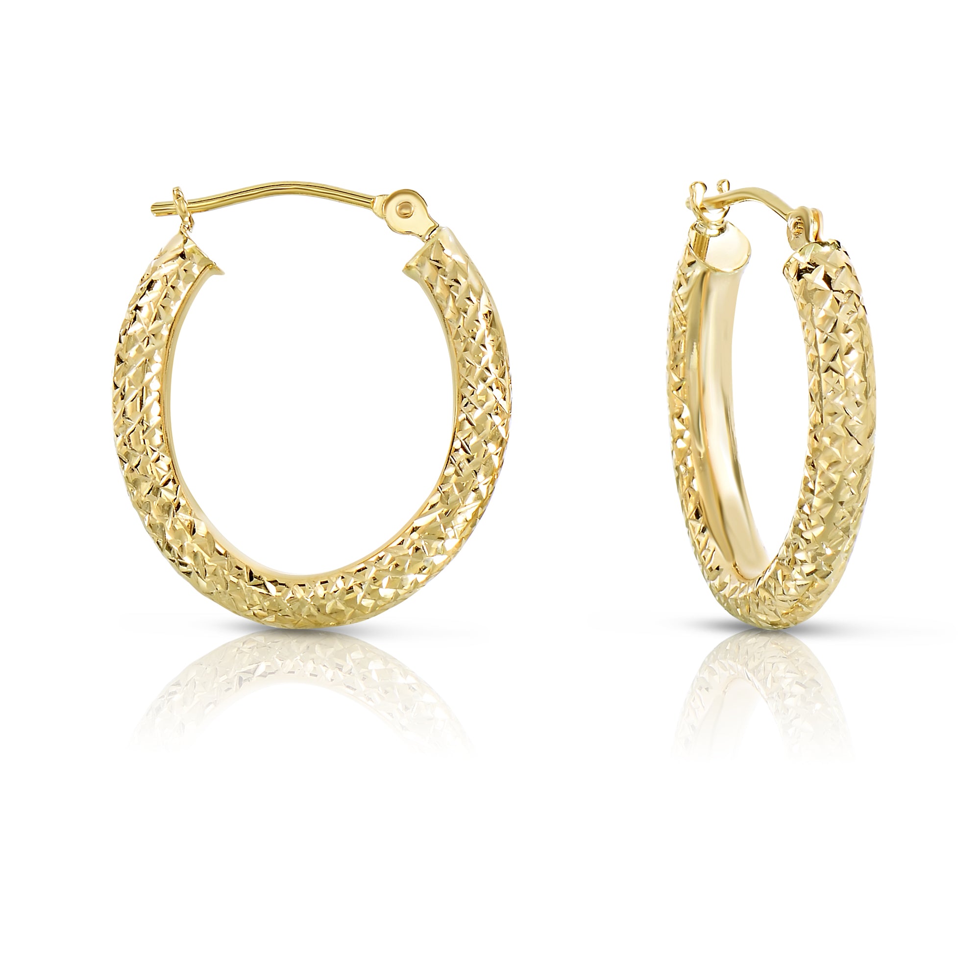 14k Yellow Gold X Pattern Diamond Cut Oval Hoop Earrings