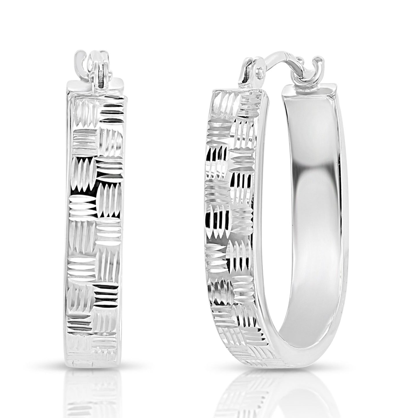 14k White Gold Diamond Cut Oval Hoop Earrings, 3 Styles