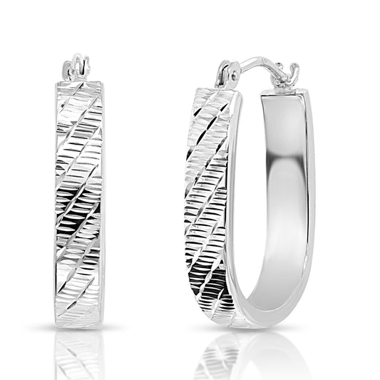 14k White Gold Diamond Cut Oval Hoop Earrings, 3 Styles